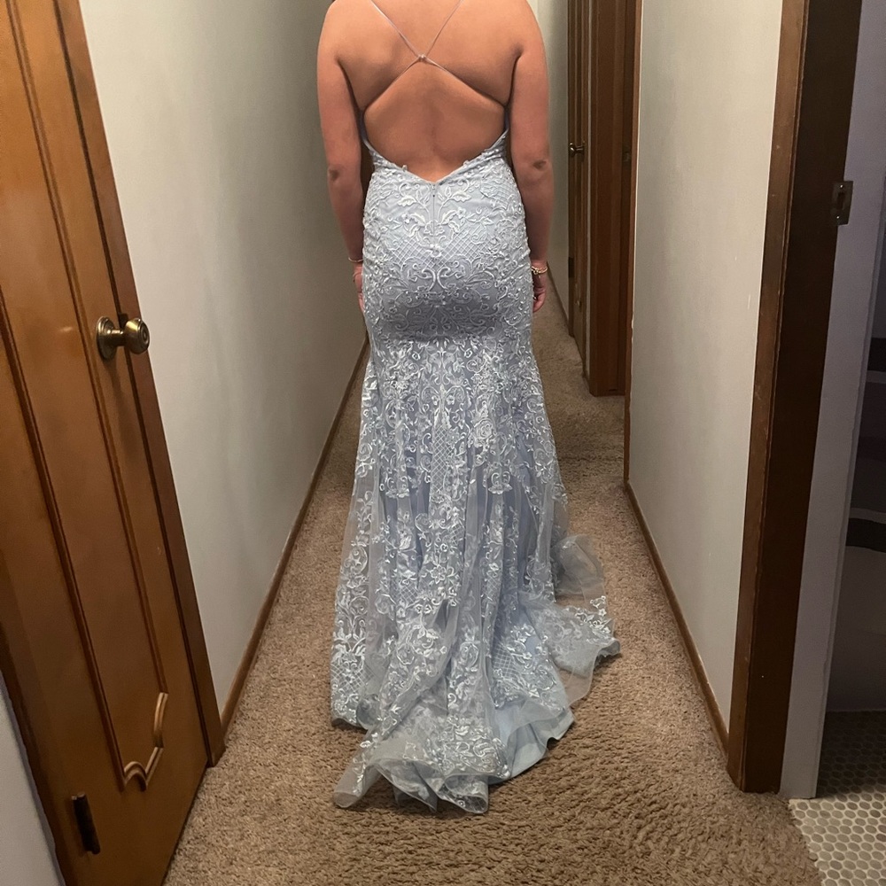 Powder blue lace covered prom dress